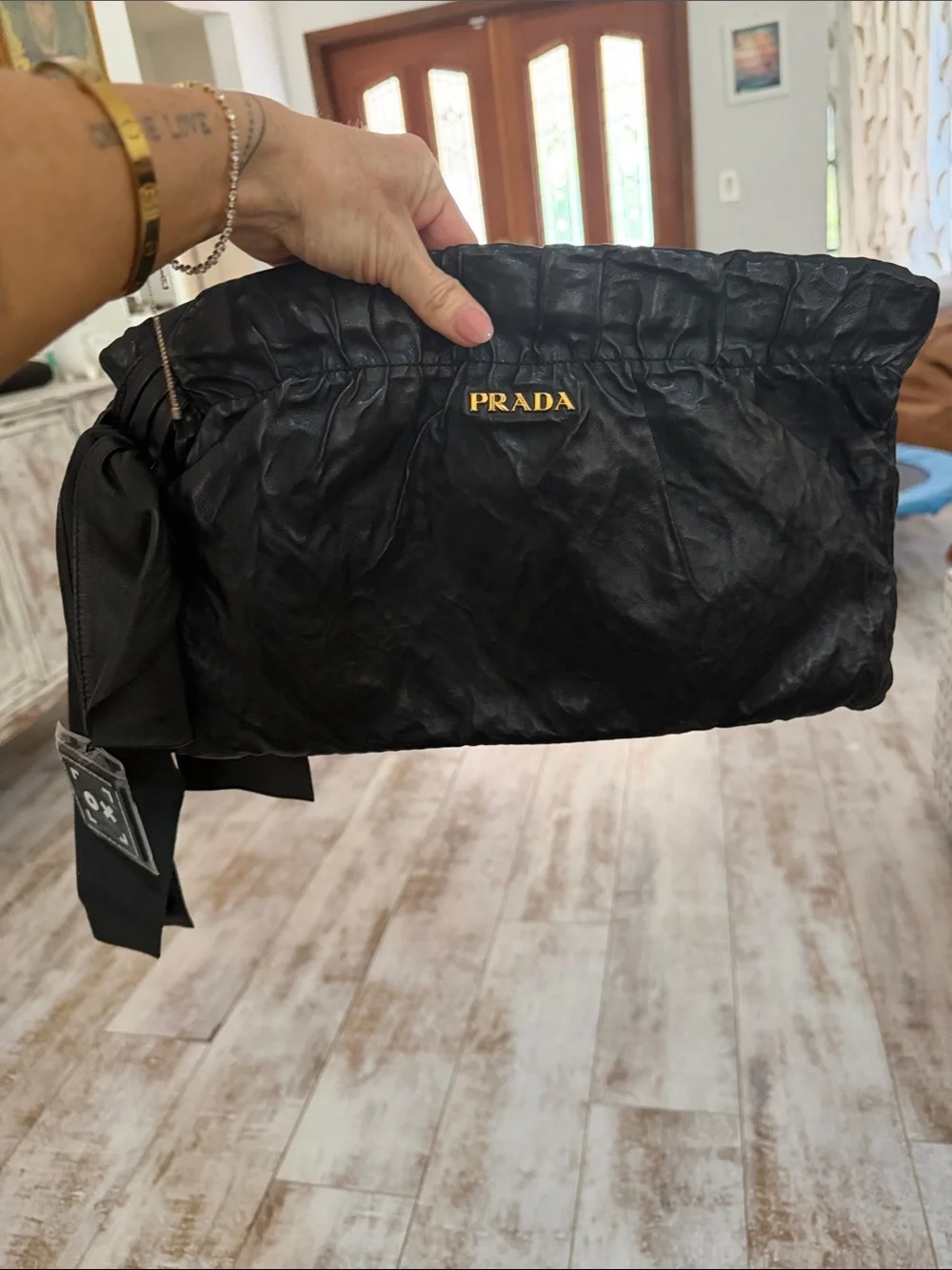 Prada Black Gathered Leather Clutch with Gold Logo Accent